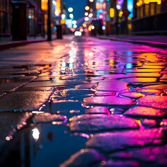 Poster - Neon lights reflecting on wet pavement. 