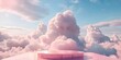 Pink podium on cloudfilled sky background creating a dreamy and aesthetic scene. Concept Dreamy Background, Aesthetic Photography, Pink Podium, Cloud-filled Sky, Outdoor Photoshoot