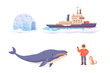 North pole arctic vector illustration. Cartoon antarctica set with icebreaker, igloo, whale, scientist and dog. Polar science explorer collection