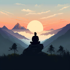 Poster - Silhouette of a person meditating on a mountaintop 