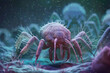 Dust mite fantastic or futuristic, microscopic parasites and animal, microorganism. Mite, bug, microbiology and ectoparasite, vermin and insects