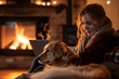 A woman with a laptop sits by the fire with her golden retriever in a homely scene