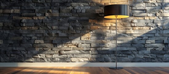 Wall Mural - Modern decor with a lamp and wooden floor, stone wall theme. Ideal interior setting for home, office, or hotel.