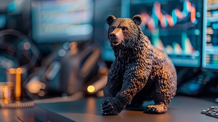 Poster - bear statue in modern trading office a detailed bear statue stands before trading monitors in a dyna