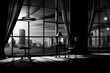 Interior black and white photograph of a darkened room with a picture window overlooking a city skyline, surreal postmodernist style, photorealistic detail. From the series “Bad LSD,