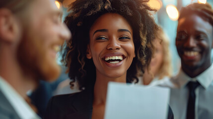 Canvas Print - A group of multicultural business professionals laughing together in a well-lit office space. Generative AI.