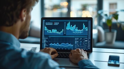 Leinwandbilder - Business Dashboard Concept, businessman analyzing business diagram on laptop at workplace, marketing statistics and finance market graphs on laptop monitor. Generative AI.