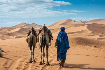 traveler in blue robe with camel trekking through desert