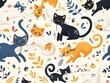 Intricate background pattern featuring little cute cats in playful poses