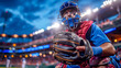 Baseball Catcher In Stance, Wearing Blue And Red Gear, Glove Ready, Stadium Lights Illuminating