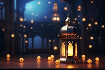 Ramadan Kareem greeting card. Vintage lantern on blue background.