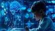 A little boy studies digital AI brain holograms for machine learning and technology concepts.