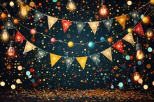 Festive Garland, Lanterns And Confetti On A Dark Background, Greeting Card, Banner