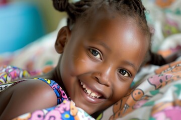 Wall Mural - Portrait of a joyful little girl smiling, with braided hair and sparkling eyes