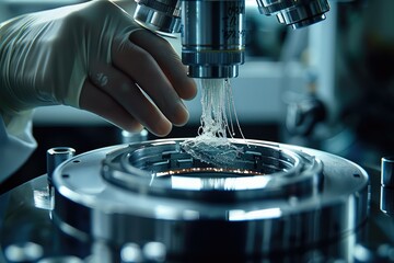 Aufkleber - Close up scientist hand in a laboratory, manipulating nanomaterials with precision instruments. the intricate process of researching nanotechnology for medical applications. Generative AI.