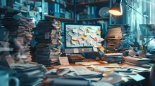 A detailed office, a cluttered desk with a chaotic agenda and a mountain of unsorted emails on a computer screen, reflecting a stressful Monday morning. Generative AI.