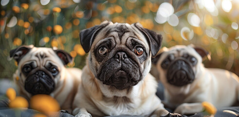 Wall Mural - A family portrait of pugs in garden. Generative AI.