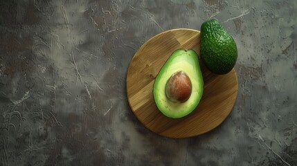 a ripe avocado resting on a wooden board in a close-up top view, presenting a real photo with ample empty space for text.