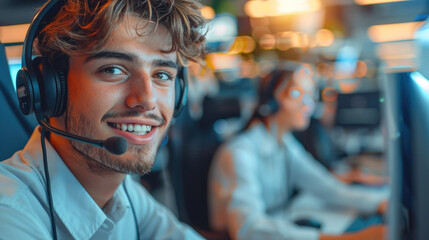 Poster - Call center tech support worker smiling on the computer. Generative AI.