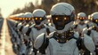 An imposing row of humanoid robots with glowing eyes stands at attention