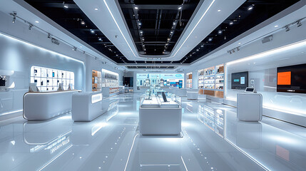 Poster - A spacious, modern interior of a consumer electronics store, designed with sleek. Generative AI.