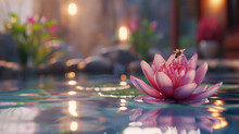 Lotus In Soft Morning Mist, Zen Tranquility,there Is A Bee Pollinating A Flower