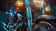 Motorcycle headlamp detail captures the essence of urban nightlife and speed