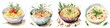 Assortment of watercolor illustrations of gourmet risotto dishes, garnished with herbs and spices, ideal for culinary-themed design and cuisine-related content