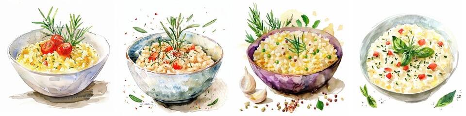 Assortment of watercolor illustrations of gourmet risotto dishes, garnished with herbs and spices, ideal for culinary-themed design and cuisine-related content