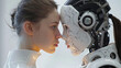 Side view portrait of attractive young woman looking at robot. females looking at each other