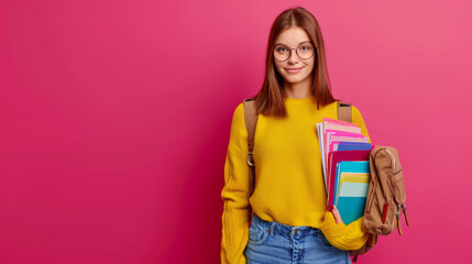 Wall Mural - young woman with glasses is smiling at the camera, wearing a yellow sweater and a red backpack, holding colorful books against a vibrant pink background