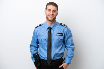 Wall Mural - Young police caucasian man isolated on white background laughing