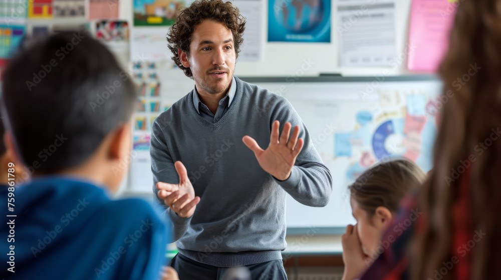Teacher is actively engaging with his students in a classroom setting ...