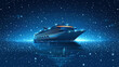  Futuristic blue cruise liner in ocean with neon lights and dots. Concept of luxury boat vacation. Modern big ship for travel brochure, sailing design or digital template for voyage website.