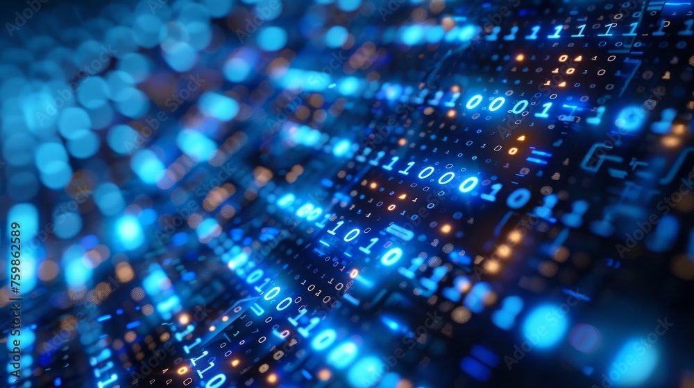 blue digital binary data on computer screen, Neon binary data stream ...