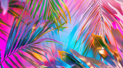 tropical and palm leaves in vibrant bold gradient holographic colors. concept art. minimal surrealis