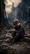 A child crying in a ruined city