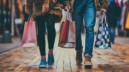 Sticker - Close-up of the lower half of two shoppers walking with multiple colorful shopping bags in their hands