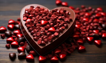 Sticker - Chocolate hearts on a wooden background. Valentine's day background.