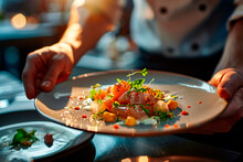 An engaging image of a chef's hands meticulously garnishing a gourmet dish with fresh herbs under focused light