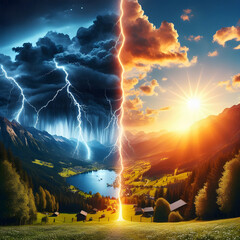 Sunny and rainy weather - Illustration divided into two parts : rainy weather on one side and sunny weather on the other.