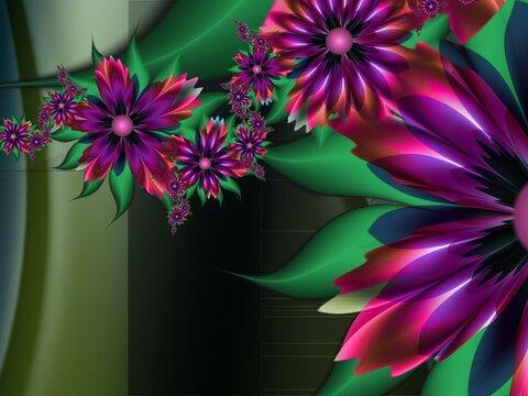 Fantastic multicolored flowers. Fractal artwork for use as templates, computer backgrounds, label printing and more. Graphic background design.