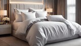 Fototapeta  - Envelop the bed in lavish, high-thread-count sheets, accompanied by plump pillows and a decadent duvet. Allow the sheets to cascade artistically, suggesting an effortless elegance 