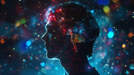 Poster - Brain and thinking in a human head. Brain Nervous System concept. Deep learning, Artificial Intelligence and Machine learning, AI Technology, Thinking concept.