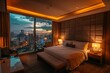 Luxurious hotel room with a breathtaking view of the bustling city below, showcasing towering skyscrapers and vibrant city lights.