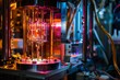 An isolated quantum computer hums softly in a secure, dimly-lit chamber, as mysterious calculations take place within its complex machinery.