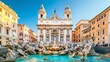View of the iconic trevi fountain in rome, italy, showcasing its intricate baroque architecture against a clear blue sky