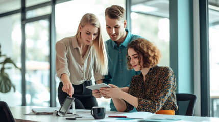 Wall Mural - professionals are engaged in a discussion over a tablet and documents at a modern office table.