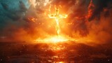 Fototapeta  - The light of Jesus in the clouds is combined with the cross, the holy Cross