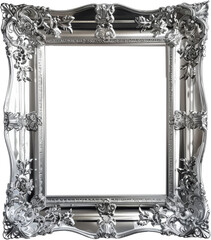 Antique silver picture frame with ornate details, cut out transparent